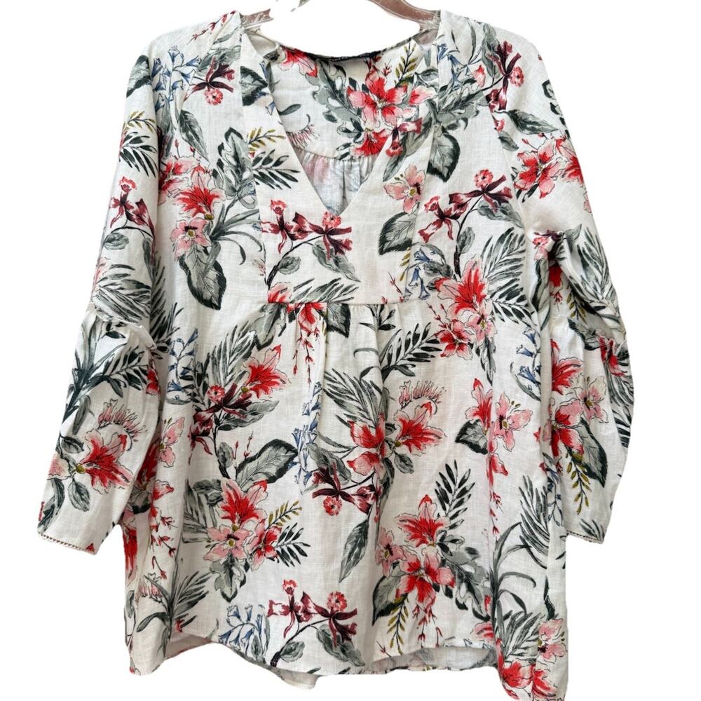 Zara Blouse 100% Linen Top White Floral V-Neck Bell Sleeve Boho‎ Feminine Small